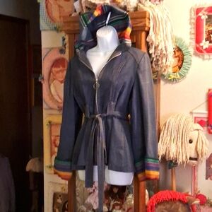 Vintage 80's,Bohemian,Denim, Jacket with Rainbow Colored🌈 Hood & Cuffs/Tie Belt